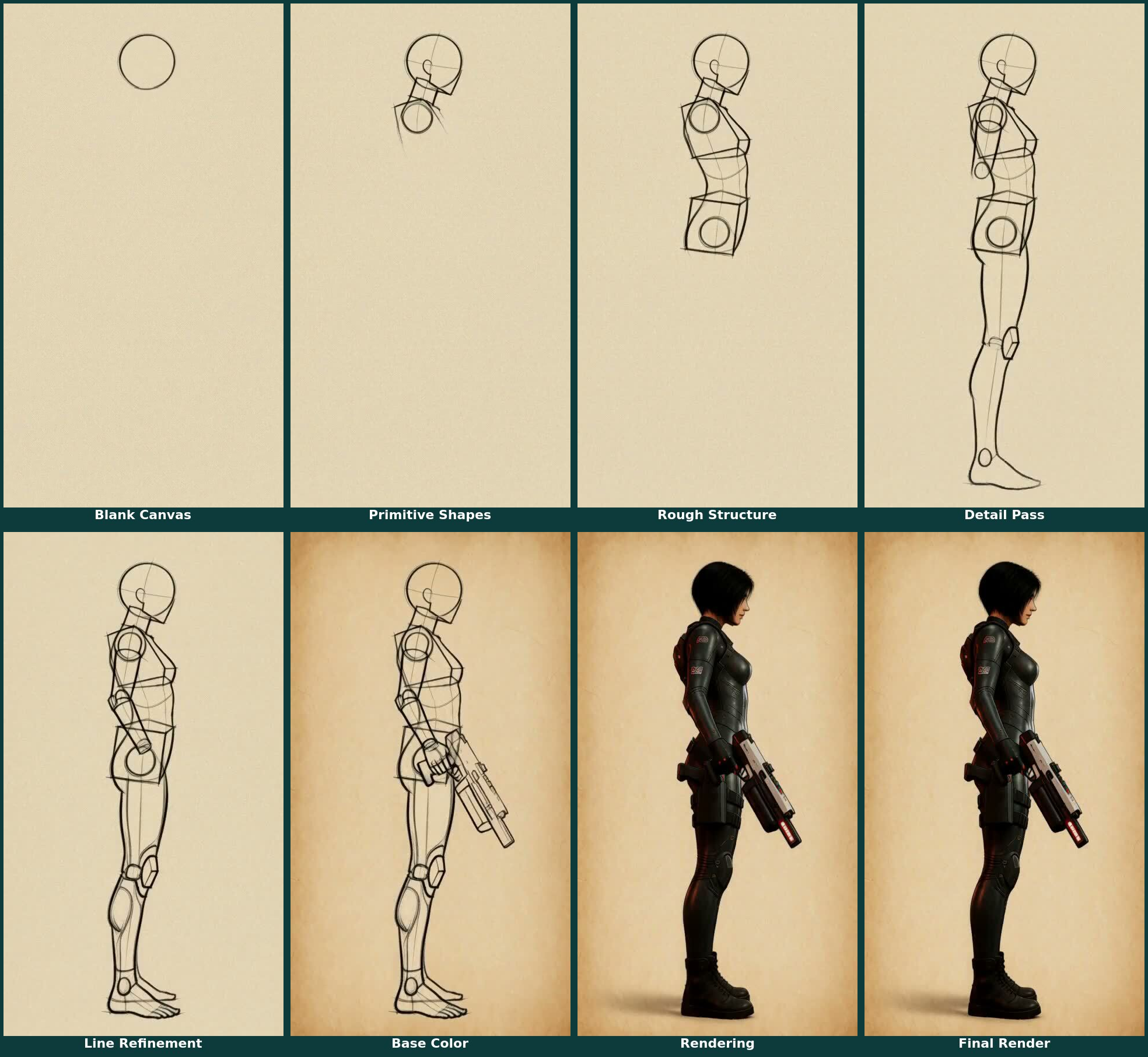 Full 8-panel construction sheet: Blank Canvas, Primitive Shapes, Rough Structure, Detail Pass, Line Refinement, Base Color, Rendering, Final Render — clean throughout, no hand or pencil in any panel