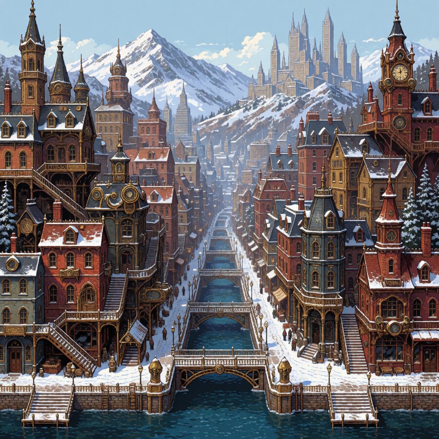 Dense victorian steampunk riverside city with canals, arched bridges, brick buildings, brass fittings, snow-covered rooftops, and snow-capped mountains in the background, rendered as a smooth digital illustration rather than 16-bit pixel art