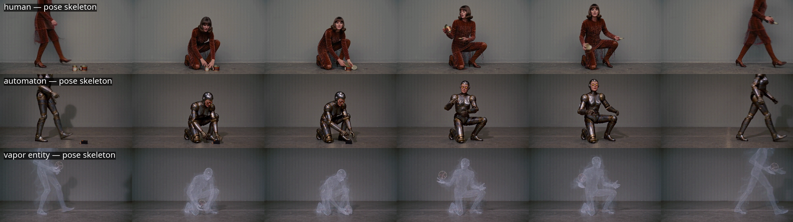 Three rows of six frames: a woman, an automaton, and a translucent vapor entity, each kneeling and working at floor level under the same pose skeleton