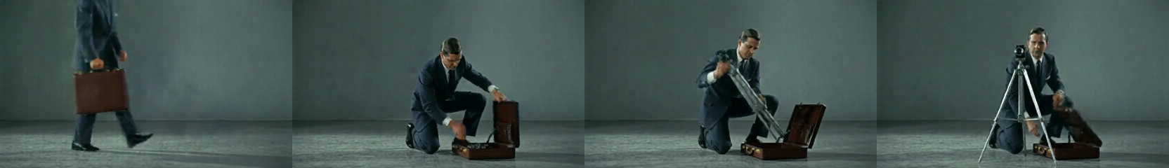 Four frames from the VACE guide: a figure carries a briefcase, kneels, opens it, and extracts a tripod