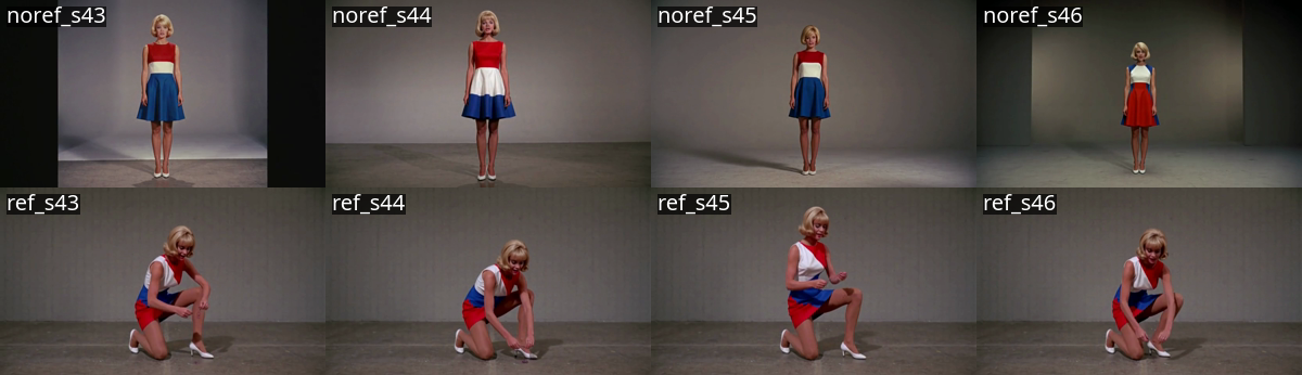 Eight video frames in two rows. Top row, four seeds without a reference: four different women in four different dresses. Bottom row, the same four seeds with a reference: the same woman in the same dress.