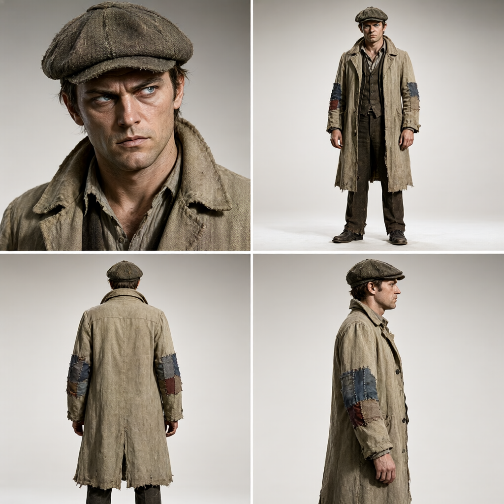 Four-panel character sheet for the Hound alter (scrappy tone). The top-right front view is complete down to the shoes, but the bottom-left rear view crops at the shins, and the bottom-right side profile crops at mid-thigh.