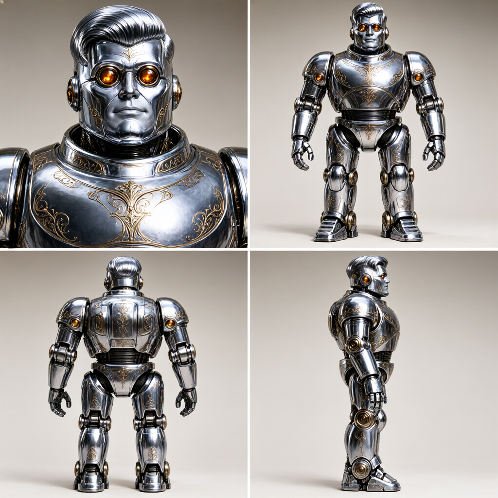 Four-panel character reference sheet for the Hull alter (decadent tone). Top-left close-up portrait, top-right front full-body, bottom-left rear full-body, bottom-right side profile. Polished chrome plating, brass filigree, and amber optic sensors remain coherent across all views with consistent camera distance and full-body clearance.