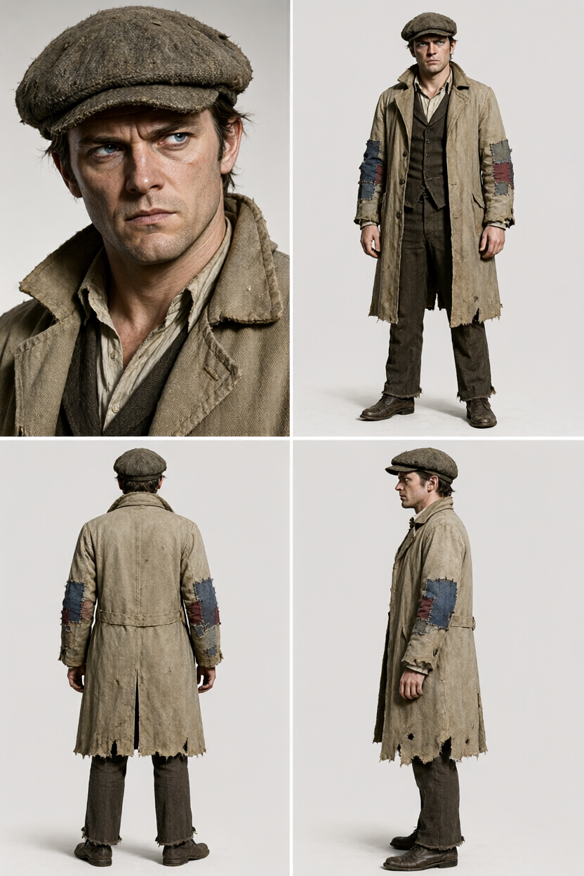 Four-panel character reference sheet for the Hound alter in 2:3 aspect ratio. Full shoe clearance and head clearance are present, but the tweed overcoat waistline is dragged low and the lower legs account for only 27% of figure height.