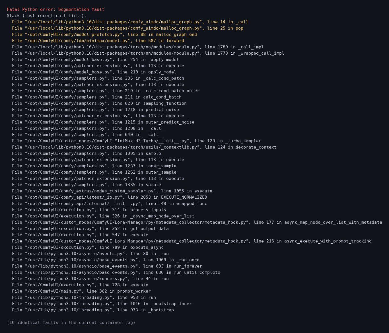The fault dump ComfyUI emits on every crash: identical frames from
comfy_aimdo's allocator through the MiniMax H3 forward pass and the H3 Turbo
sampler node.