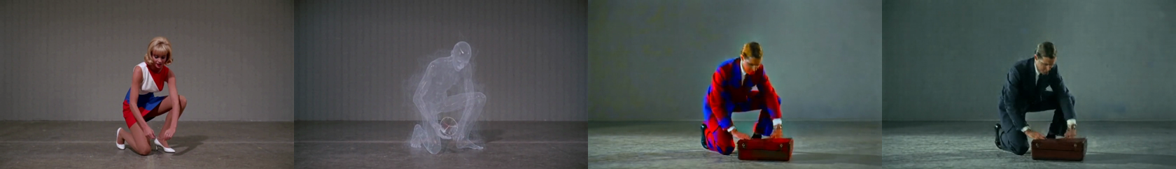 Four reference clips at frame 60. Left to right: a blonde woman in a red, white and blue dress kneeling; a translucent vapor figure kneeling; a man in a suit with a briefcase, rendered in saturated red and blue; a man in a dark suit with a briefcase.