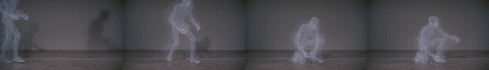 Six frames from the vapor-entity reference clip that arm B was given. A translucent mist figure in roughly the same postures.