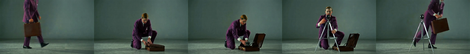 Five frames from the intended same-subject guide: a man in a dark suit carries a briefcase, kneels, opens it, and extracts a tripod